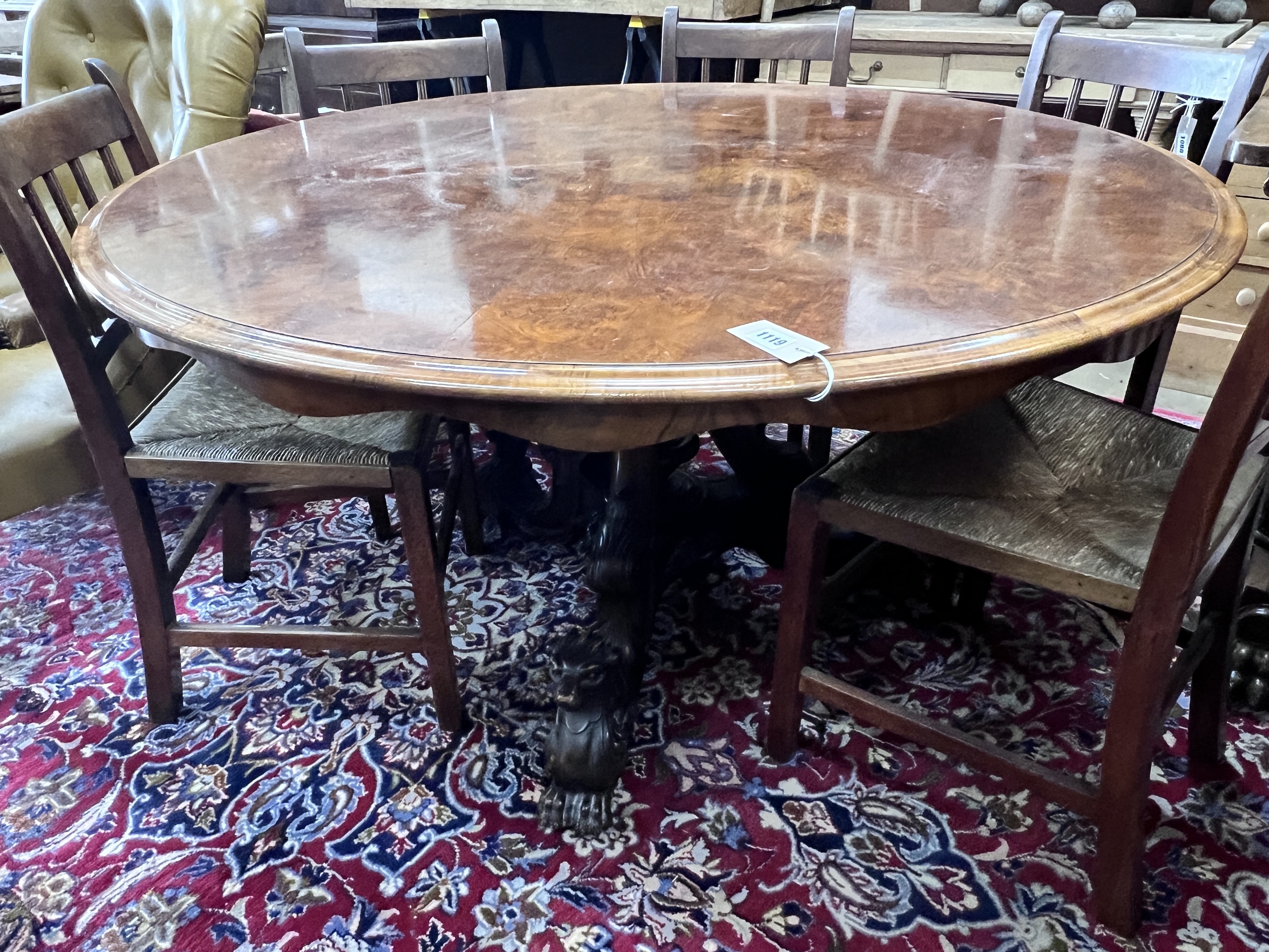 A Victorian circular burr walnut tilt top breakfast table, diameter 130cm, height 72cm